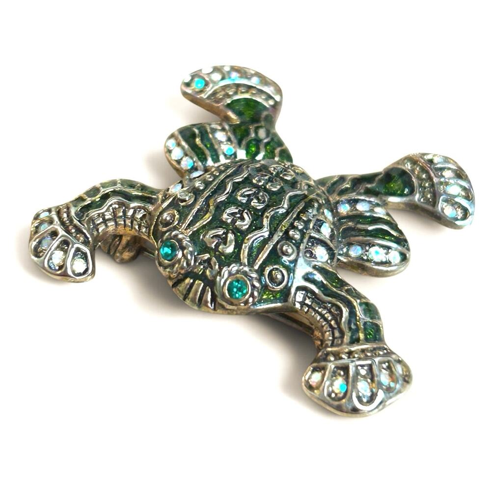 Vintage Green Enamel Frog Brooch Aurora Borealis Rhinestone Art Nouveau Pin Gift